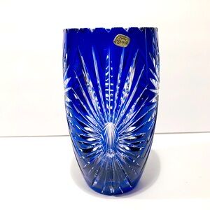 Vintage Bohemian Cobalt Blue Cut to Clear Crystal Vase 8” Tall.